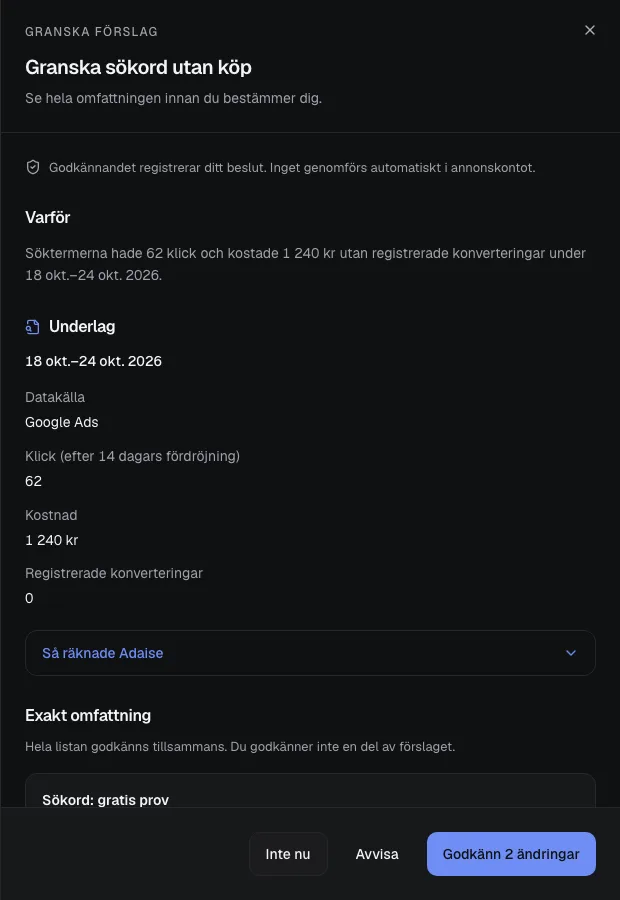 Screenshot of a suggestion to review in Adaise Enkel: why, the evidence and exactly which keywords are paused, with the buttons Not now, Reject and Approve.
