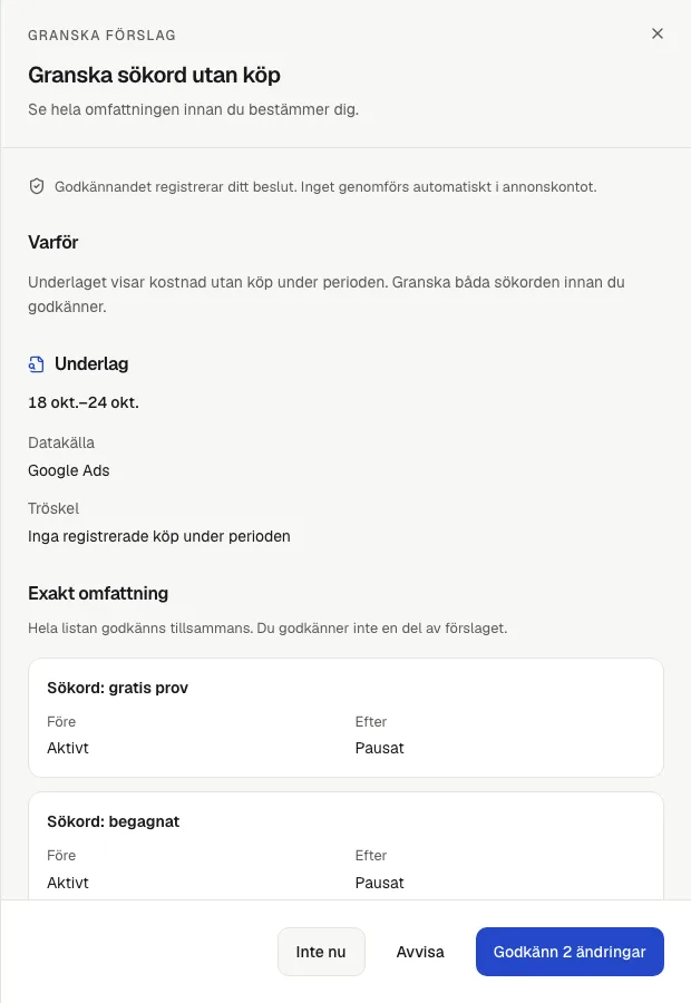 Screenshot of a suggestion to review in Adaise Enkel: why, the evidence and exactly which keywords are paused, with the buttons Not now, Reject and Approve.