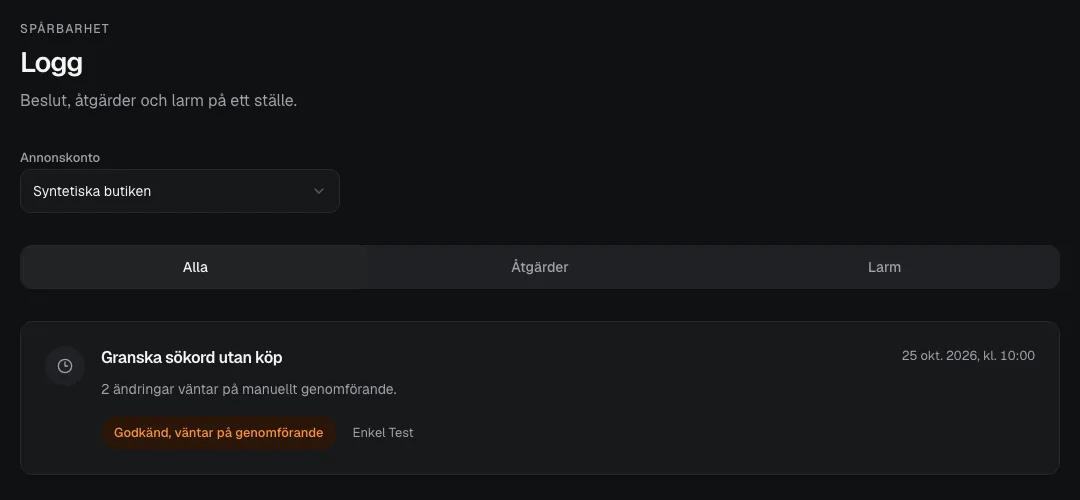 Screenshot of the log in Adaise Enkel with an approved suggestion, the time and who approved it.