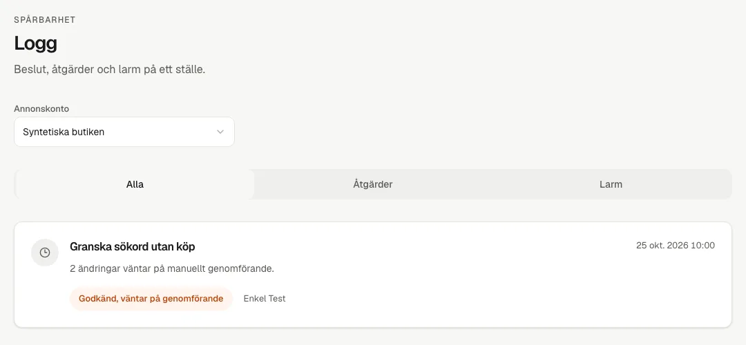Screenshot of the log in Adaise Enkel with an approved suggestion, the time and who approved it.